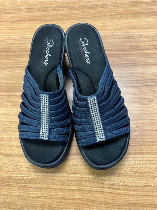Skechers Shoes - Skechers RUMBLERS Navy Slip-On Rhinestone Band Slide And Wedge Heels.
